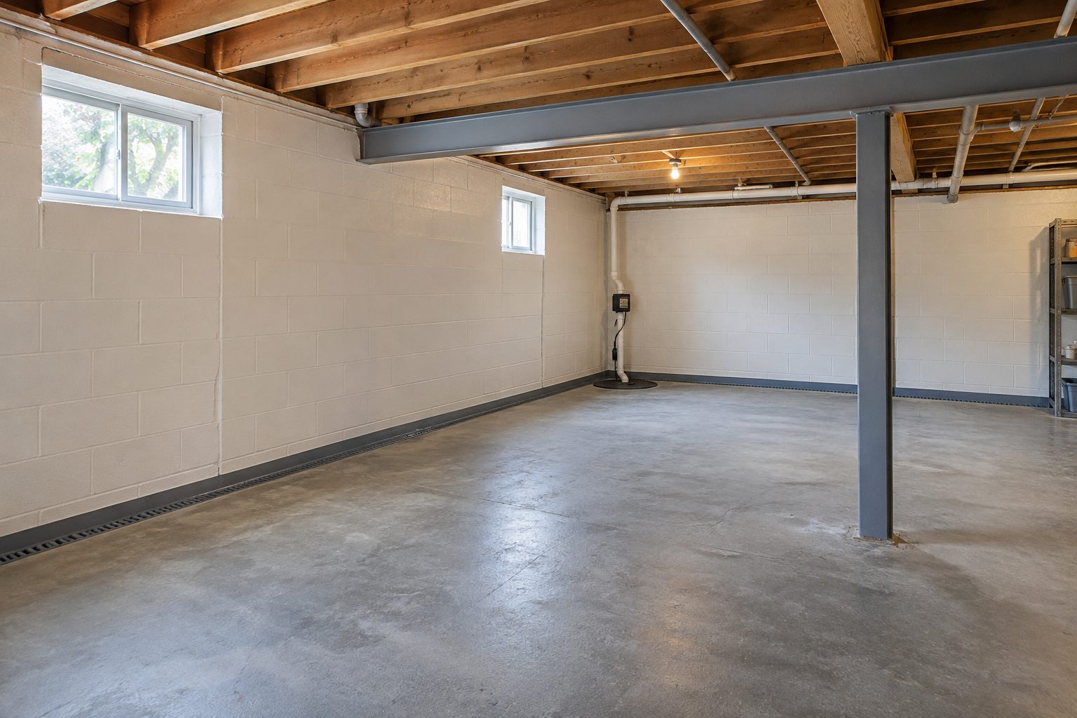 Basement with perimeter drainage and a sump basin