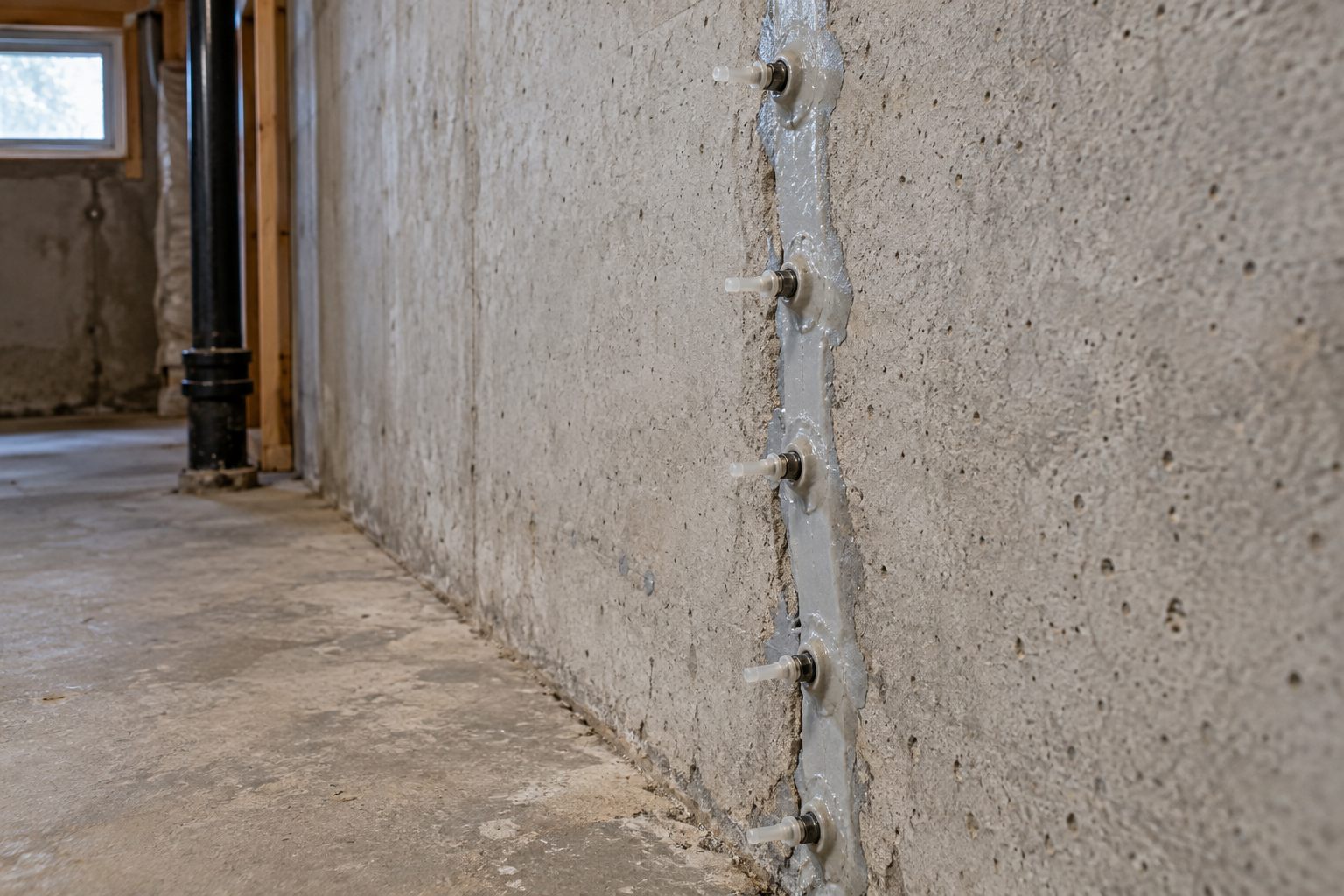 Injection ports along a sealed crack in a concrete basement wall