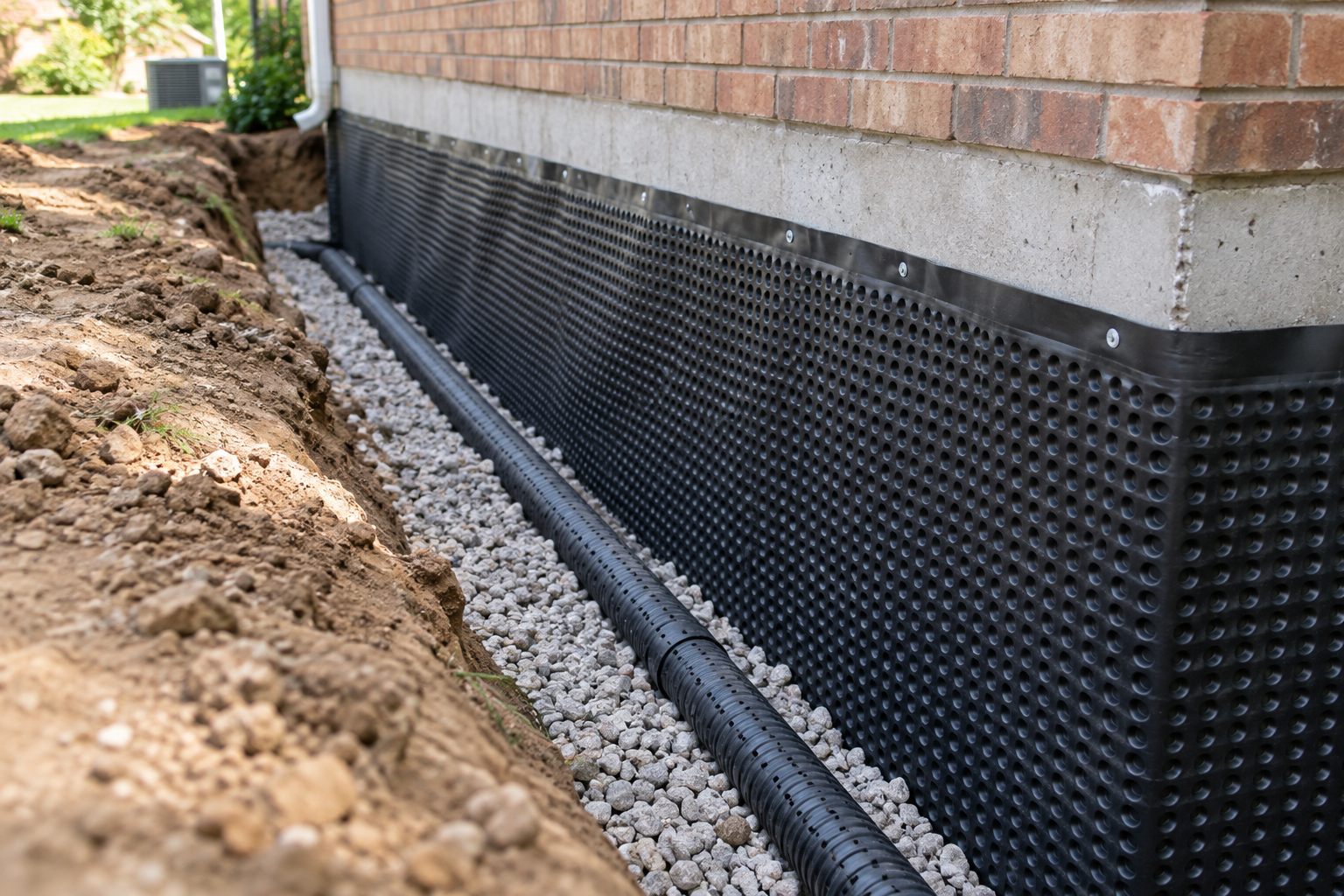 Foundation drainage membrane and footing drain during installation