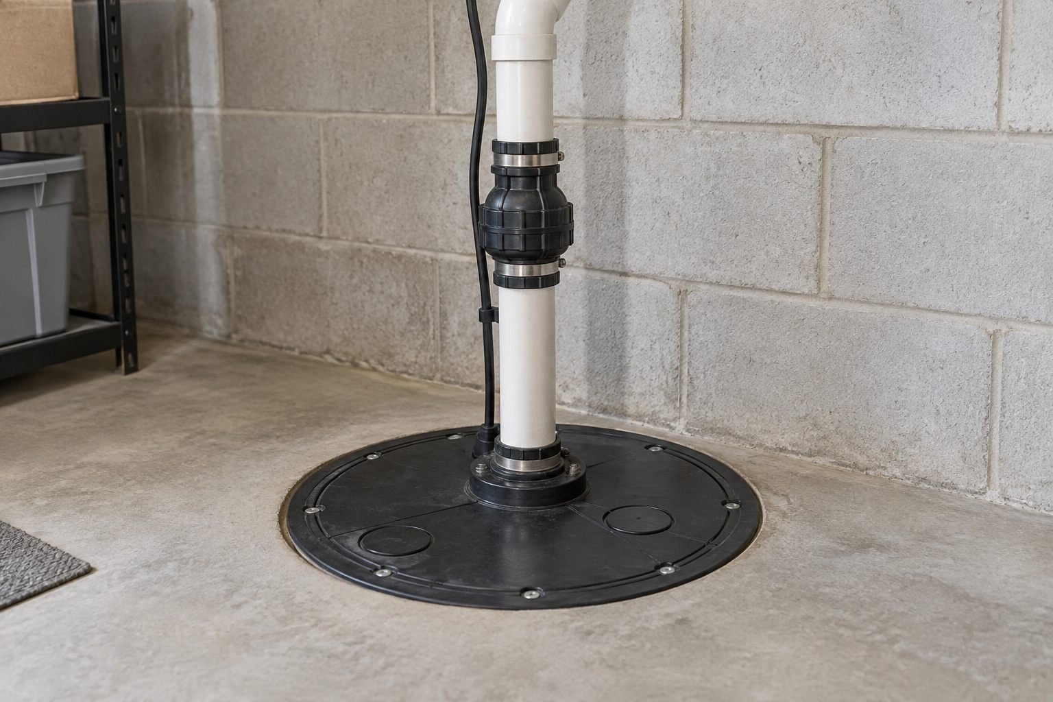 Sump basin with a sealed lid and PVC discharge pipe